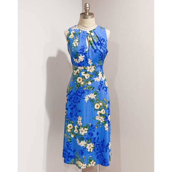London Times Women's Blue Floral-Print Pleated Keyhole-Neck Midi Dress Size 10 - Picture 5 of 6